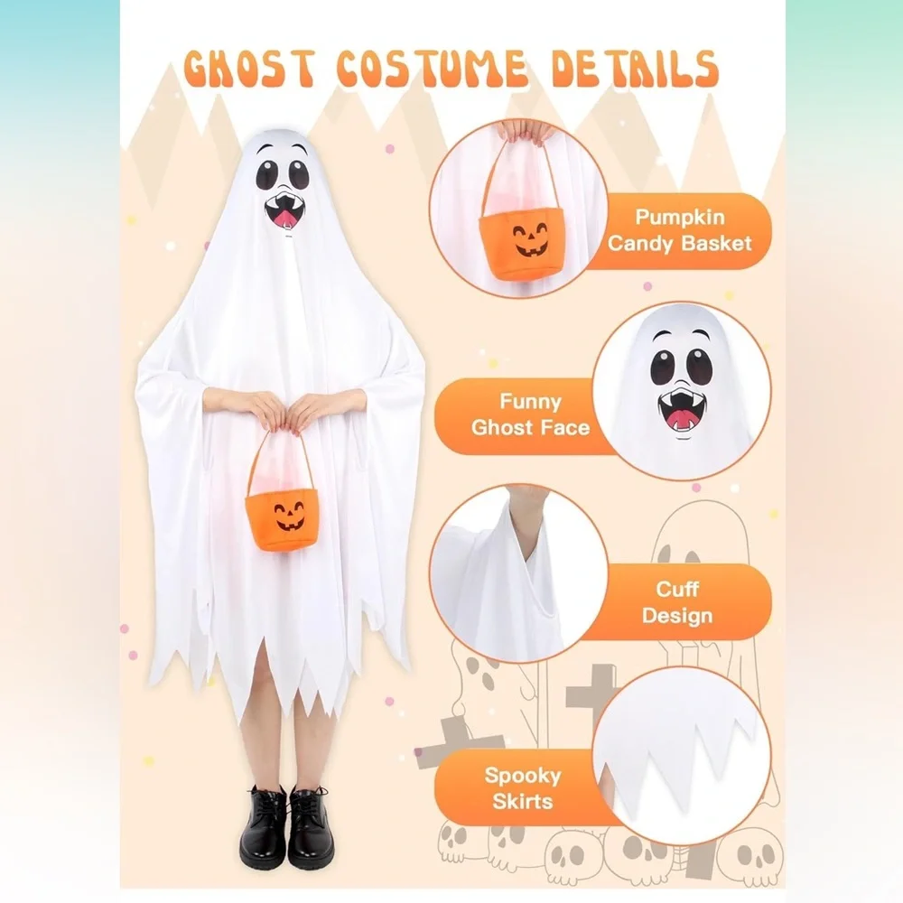 Halloween Ghost Costume Kids White Fancy Spooky Robe Boy/Girl Dress Suit size XL